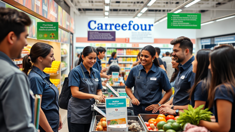 Imagen de empleados trabajando en Carrefour, destacando oportunidades laborales y beneficios.